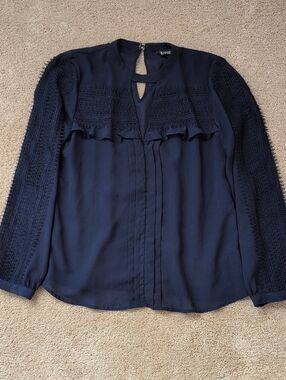 Express Navy Crochet-Trim Ruffle Blouse